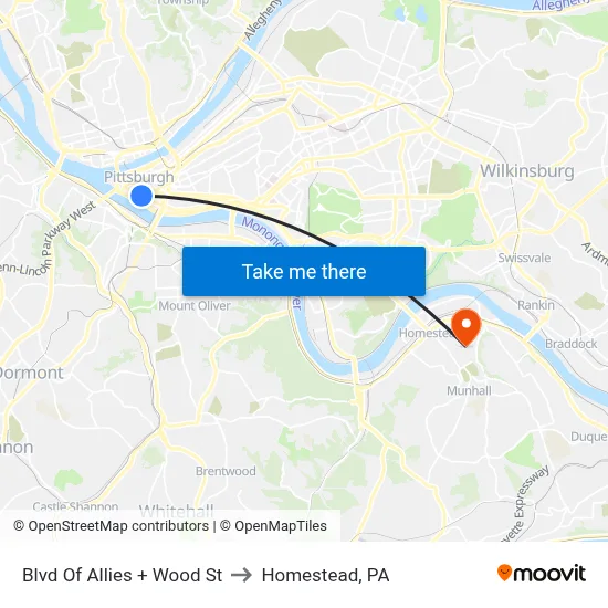 Blvd Of Allies + Wood St to Homestead, PA map