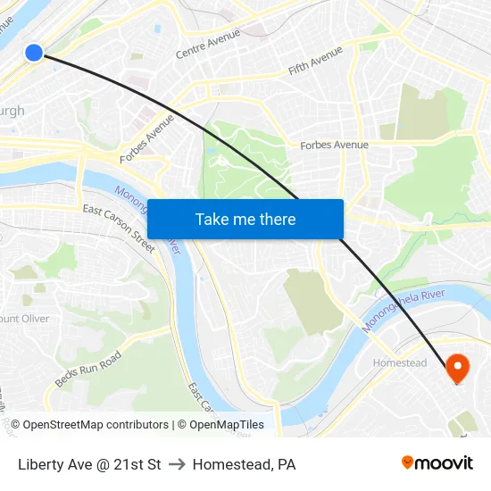 Liberty Ave @ 21st St to Homestead, PA map