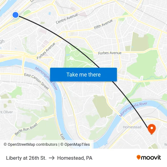 Liberty at 26th St. to Homestead, PA map