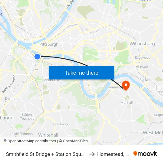 Smithfield St Bridge + Station Square to Homestead, PA map
