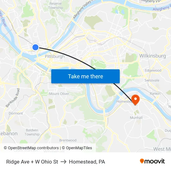 Ridge Ave + W Ohio St to Homestead, PA map