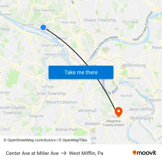 Center Ave at Miller Ave to West Mifflin, Pa map