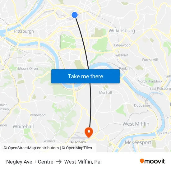 Negley Ave + Centre to West Mifflin, Pa map