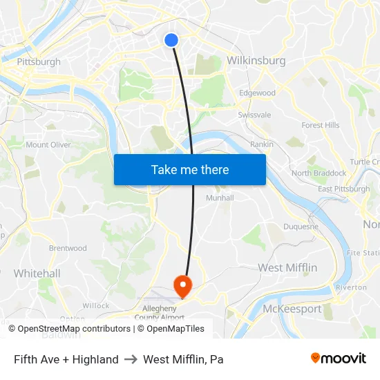 Fifth Ave + Highland to West Mifflin, Pa map