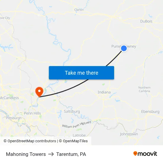 Mahoning Towers to Tarentum, PA map
