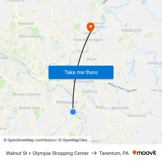 Walnut St + Olympia Shopping Center to Tarentum, PA map