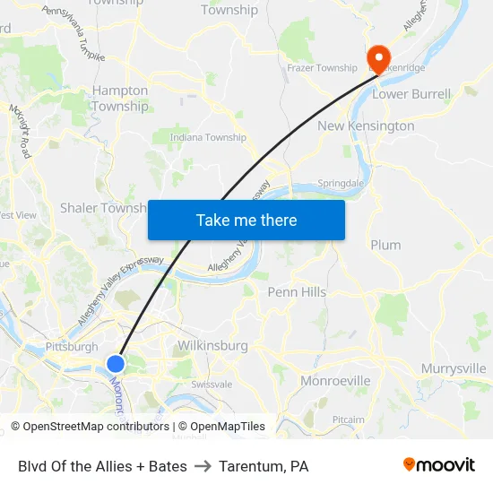 Blvd Of the Allies + Bates to Tarentum, PA map