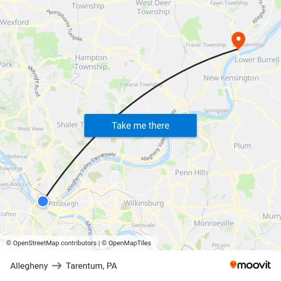Allegheny to Tarentum, PA map