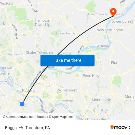 Boggs to Tarentum, PA map