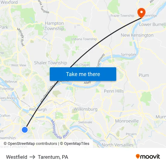 Westfield to Tarentum, PA map