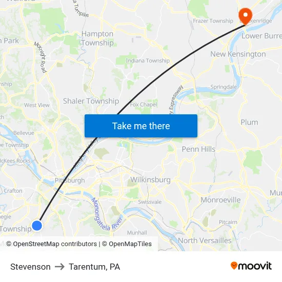 Stevenson to Tarentum, PA map