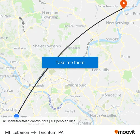 Mt. Lebanon to Tarentum, PA map