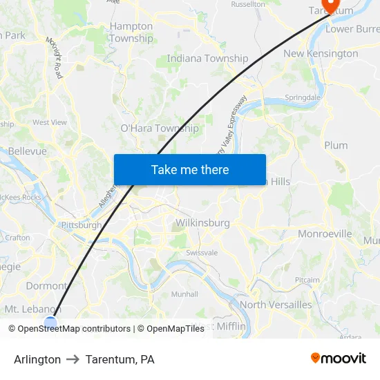 Arlington to Tarentum, PA map
