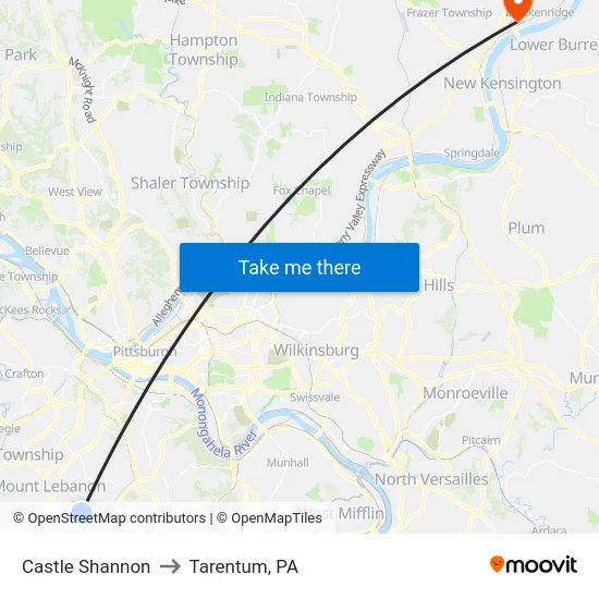 Castle Shannon to Tarentum, PA map