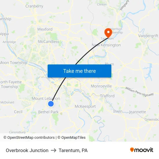 Overbrook Junction to Tarentum, PA map