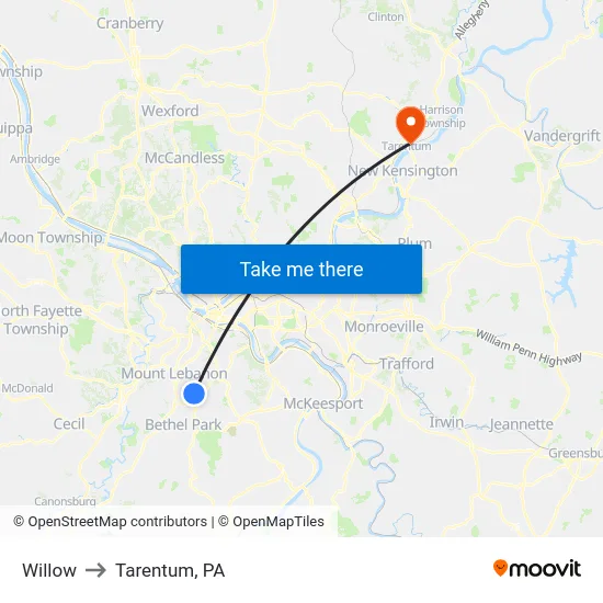 Willow to Tarentum, PA map