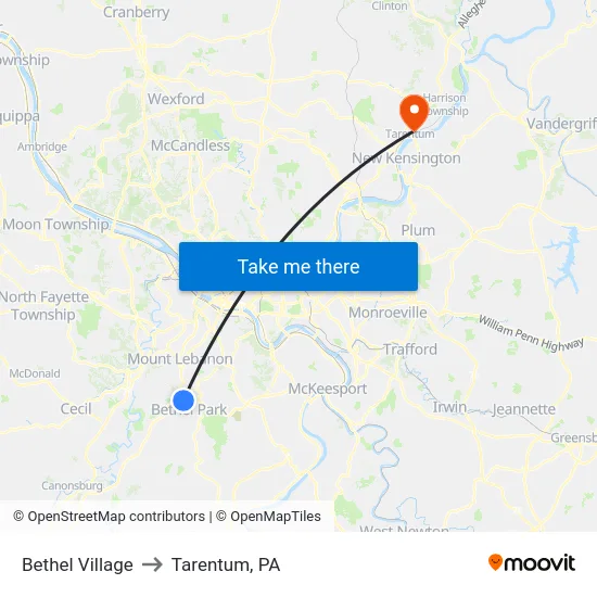 Bethel Village to Tarentum, PA map