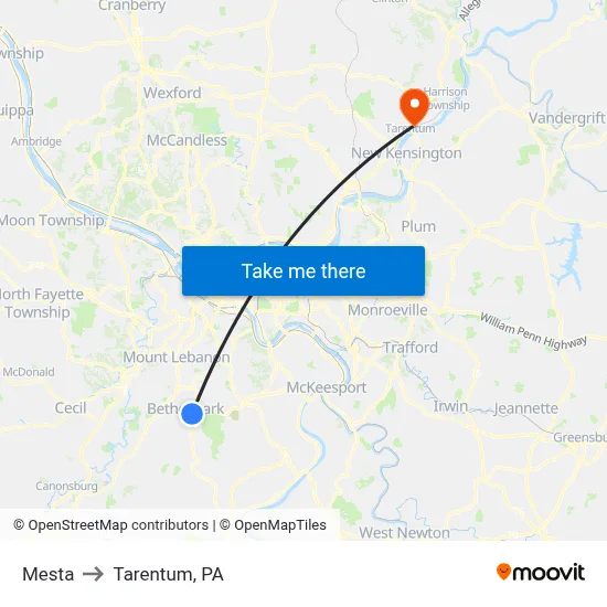 Mesta to Tarentum, PA map