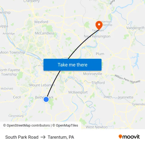 South Park Road to Tarentum, PA map