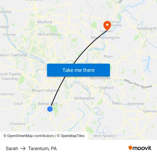 Sarah to Tarentum, PA map