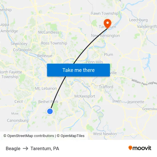 Beagle to Tarentum, PA map