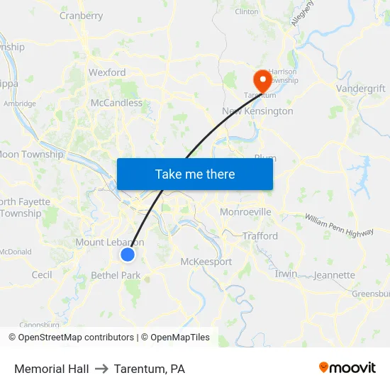 Memorial Hall to Tarentum, PA map