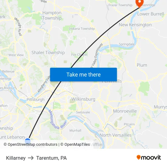 Killarney to Tarentum, PA map