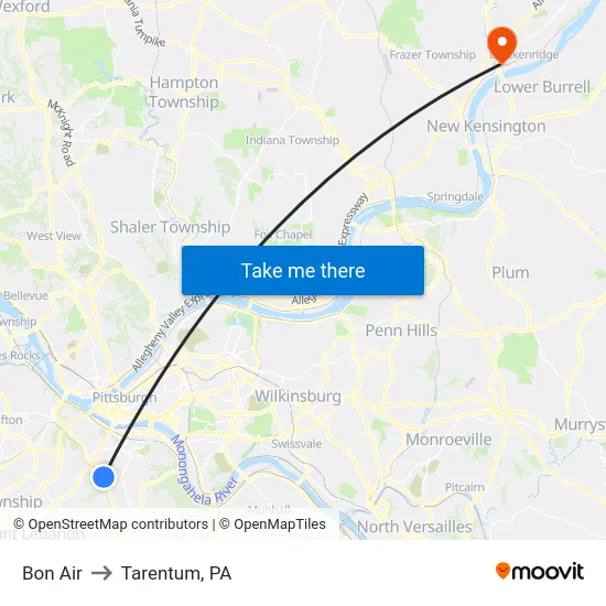 Bon Air to Tarentum, PA map