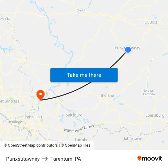Punxsutawney to Tarentum, PA map