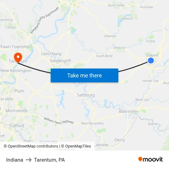 Indiana to Tarentum, PA map