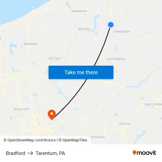 Bradford to Tarentum, PA map