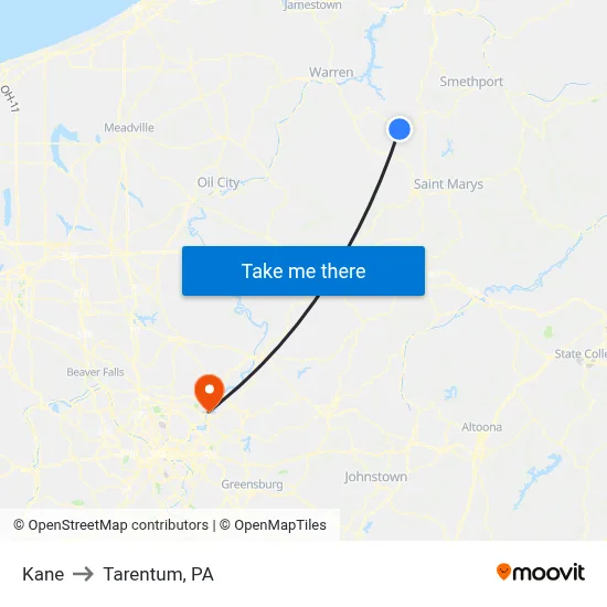 Kane to Tarentum, PA map
