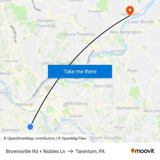 Brownsville Rd + Nobles Ln to Tarentum, PA map