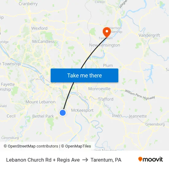 Lebanon Church Rd + Regis Ave to Tarentum, PA map