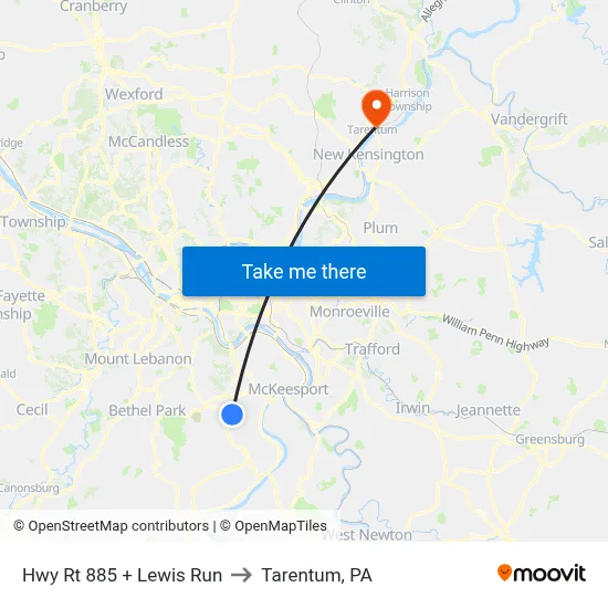 Hwy Rt 885 + Lewis Run to Tarentum, PA map