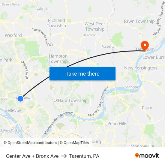 Center Ave + Bronx Ave to Tarentum, PA map