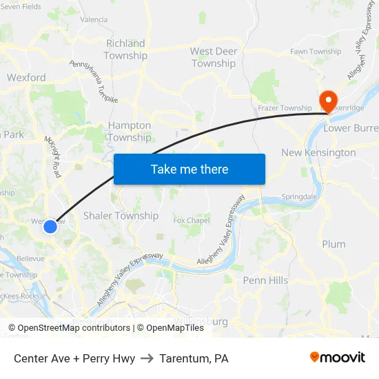 Center Ave + Perry Hwy to Tarentum, PA map