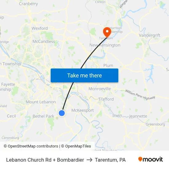 Lebanon Church Rd + Bombardier to Tarentum, PA map