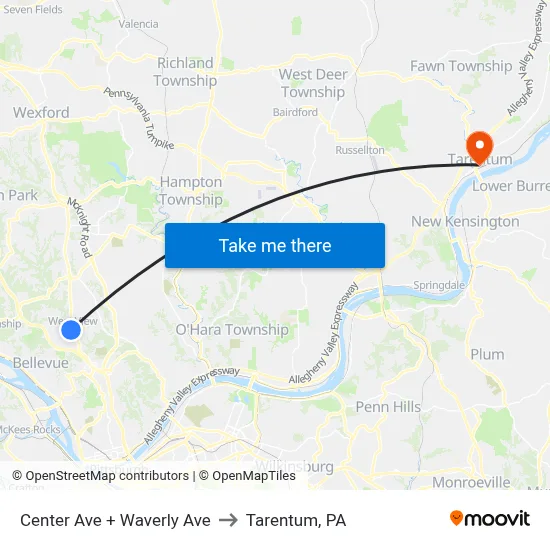 Center Ave + Waverly Ave to Tarentum, PA map
