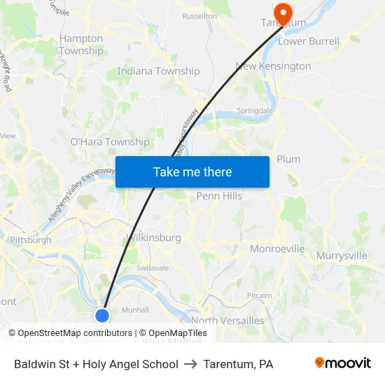 Baldwin St + Holy Angel School to Tarentum, PA map