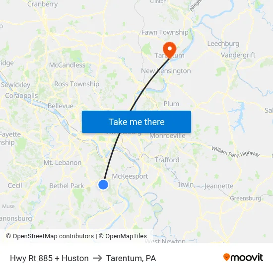 Hwy Rt 885 + Huston to Tarentum, PA map