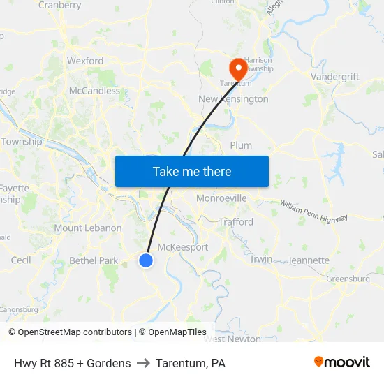 Hwy Rt 885 + Gordens to Tarentum, PA map