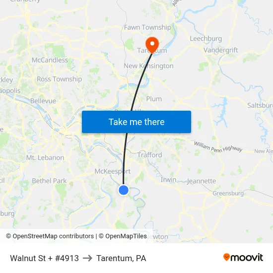 Walnut St + #4913 to Tarentum, PA map