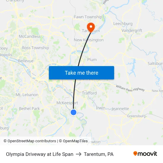 Olympia Driveway at Life Span to Tarentum, PA map