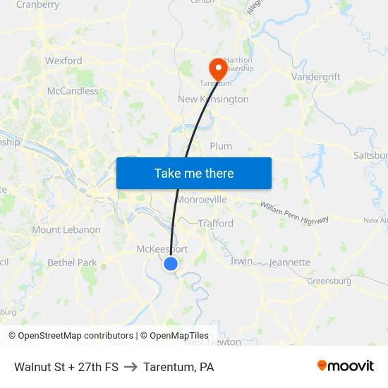 Walnut St + 27th FS to Tarentum, PA map