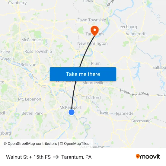 Walnut St + 15th FS to Tarentum, PA map