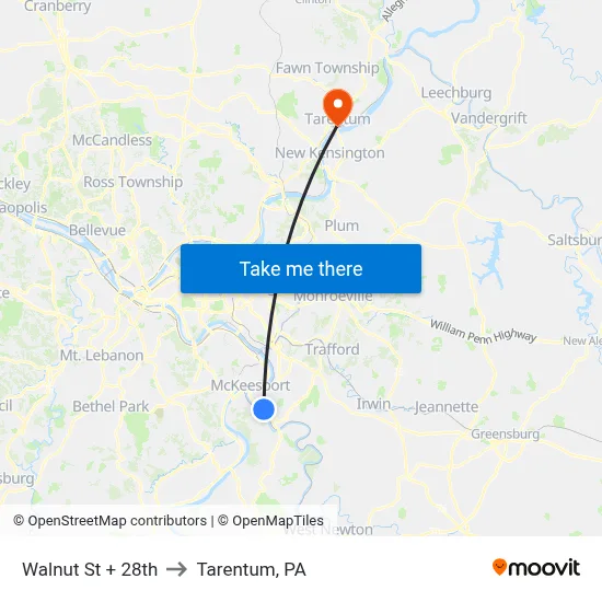 Walnut St + 28th to Tarentum, PA map