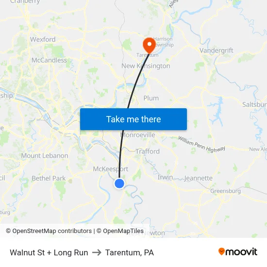 Walnut St + Long Run to Tarentum, PA map