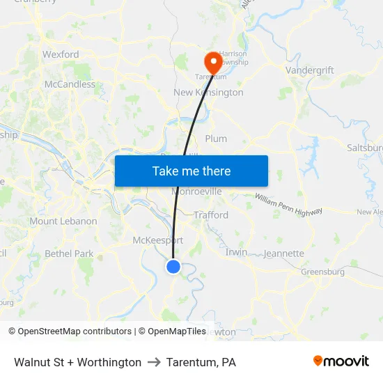Walnut St + Worthington to Tarentum, PA map