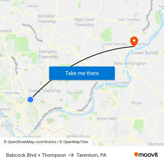 Babcock Blvd + Thompson to Tarentum, PA map